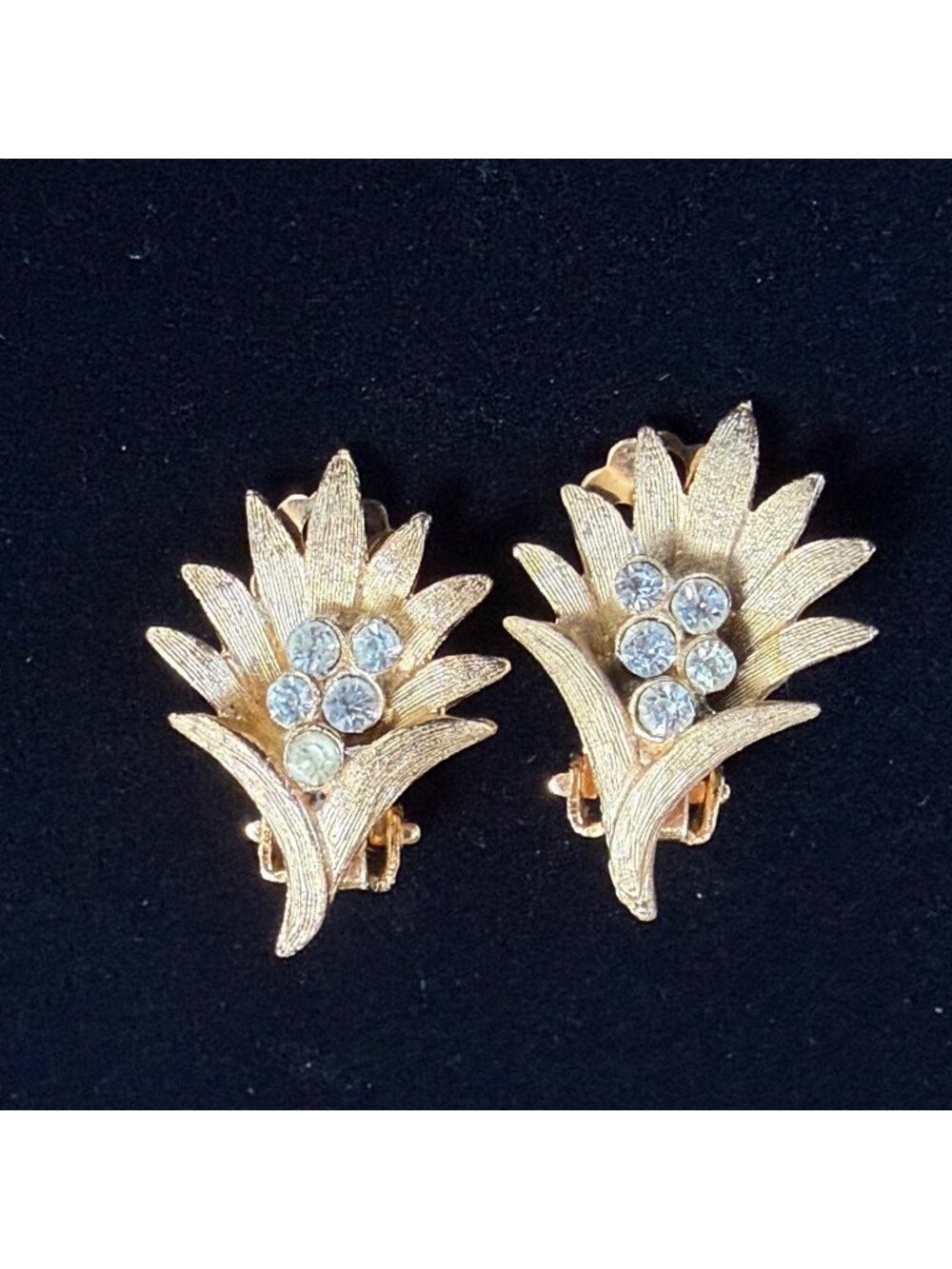 Vintage 1950s Textured Gold Leaf Clip On Earrings, Rhinestone Cluster, Mid Centu